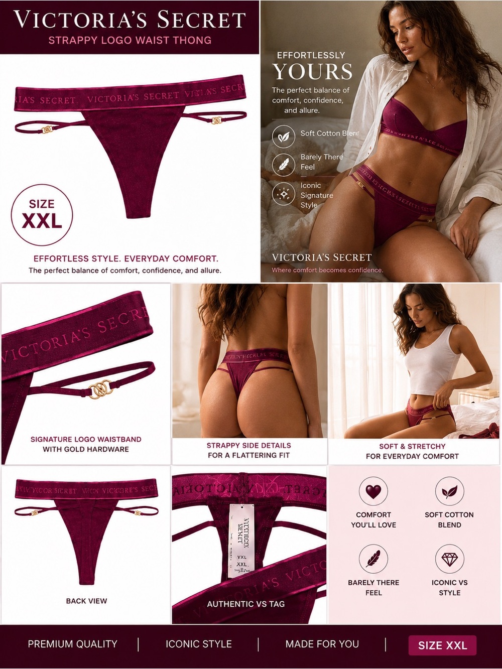 NWT Victoria’s Secret Strappy Logo Waist Thong Panty Burgundy Wine Gold Hardware
